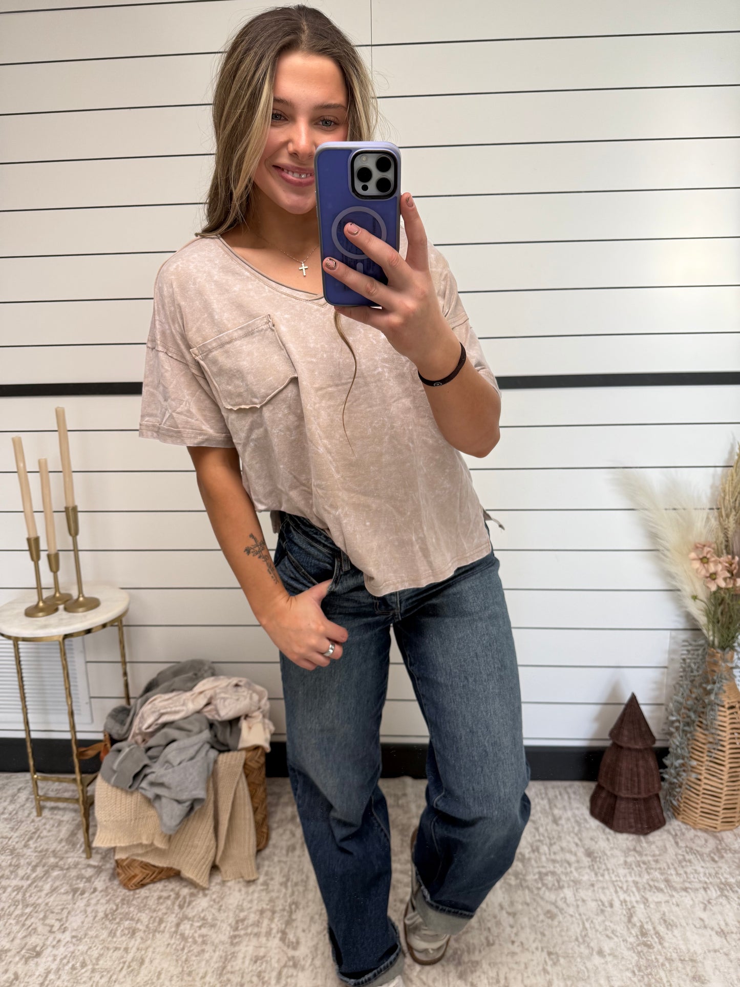mineral washed taupe t shirt outfit, everyday casual top styled with jeans