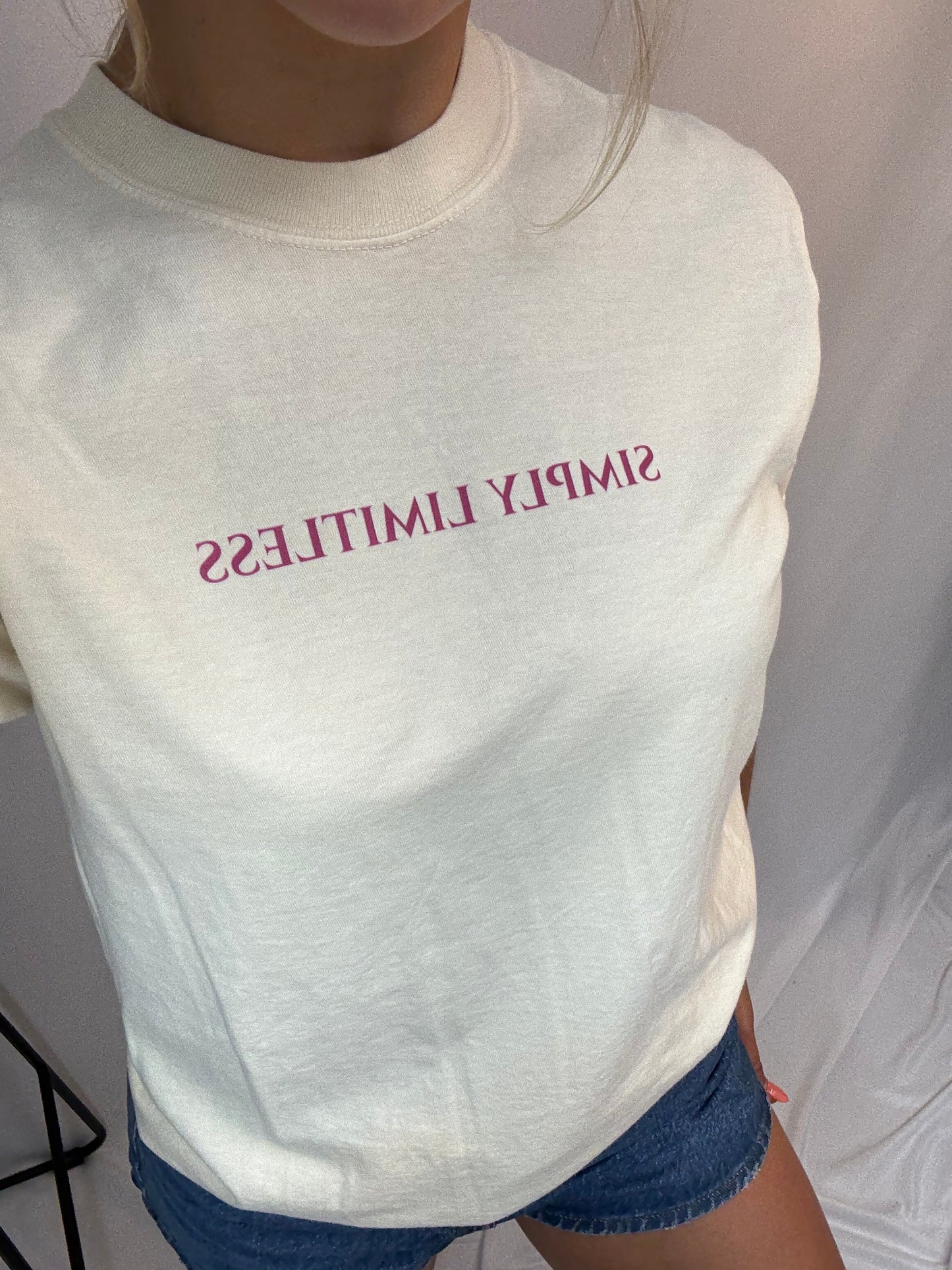 Close up ivory Simply Limitless tee, women’s soft cotton graphic t-shirt, relaxed vintage style