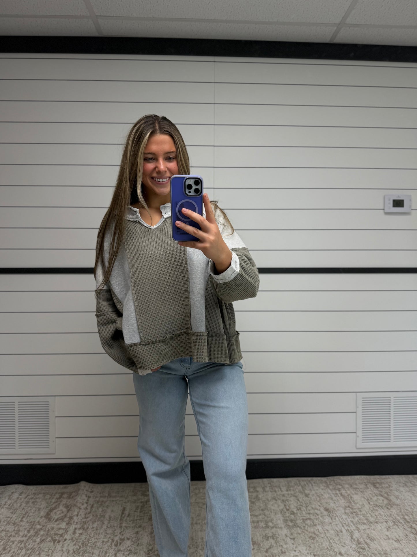 Grey oversized contrast top, relaxed women’s long sleeve with color contrast details