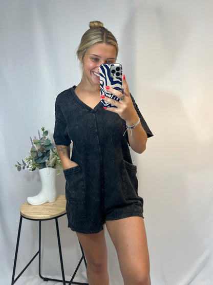 mineral washed oversized romper, women’s casual one-piece lounge romper in soft washed fabric