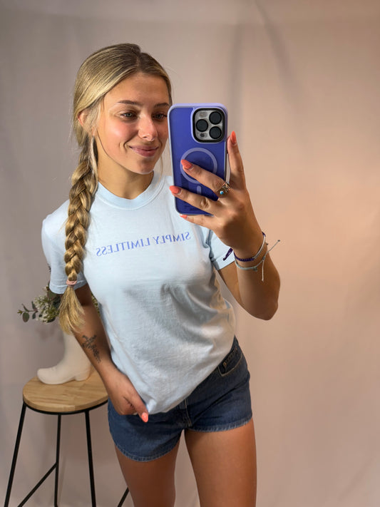 blue Simply Limitless tee, women’s soft cotton graphic t-shirt in light blue