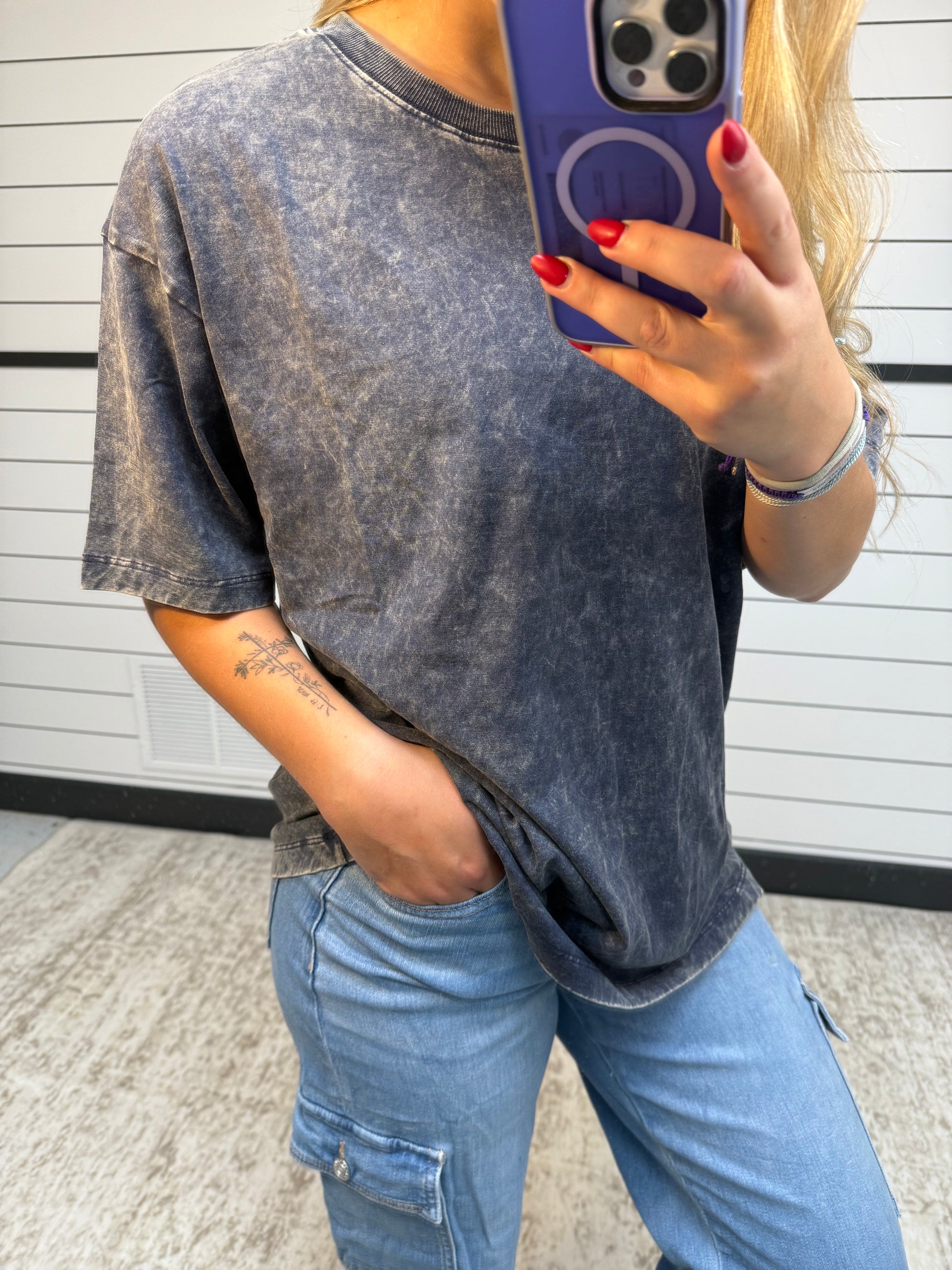Close up blackberry washed boyfriend tee, women's relaxed vintage-washed cotton t-shirt