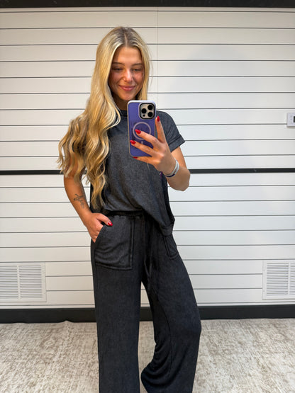 Ash black ribbed lounge set, women’s ribbed long sleeve and matching pants set