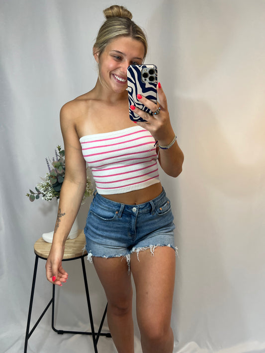 pink and white striped knit bandeau top, women’s strapless coastal bandeau crop top