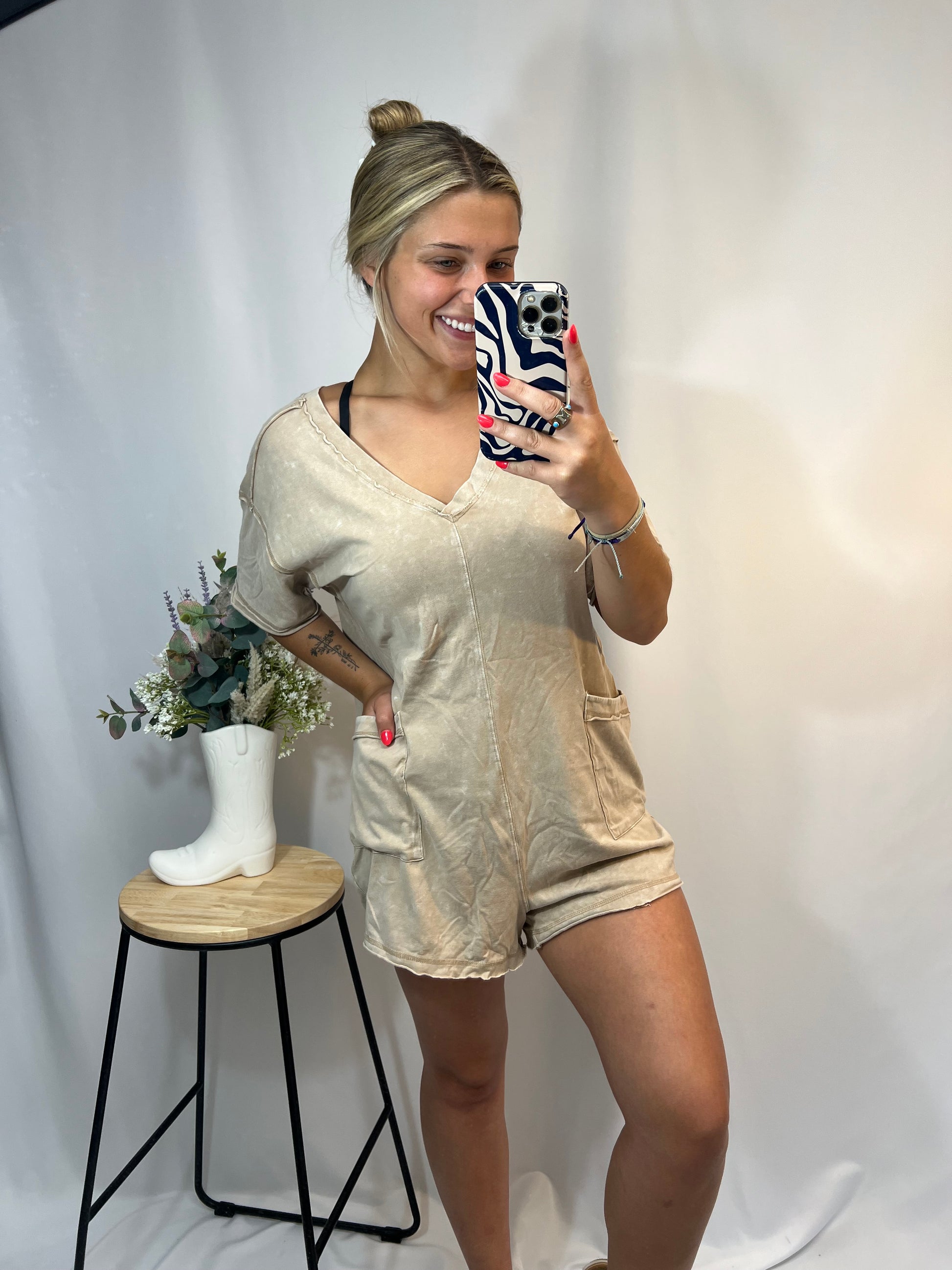 mineral washed oversized romper, women’s casual one-piece lounge romper in soft washed fabric
