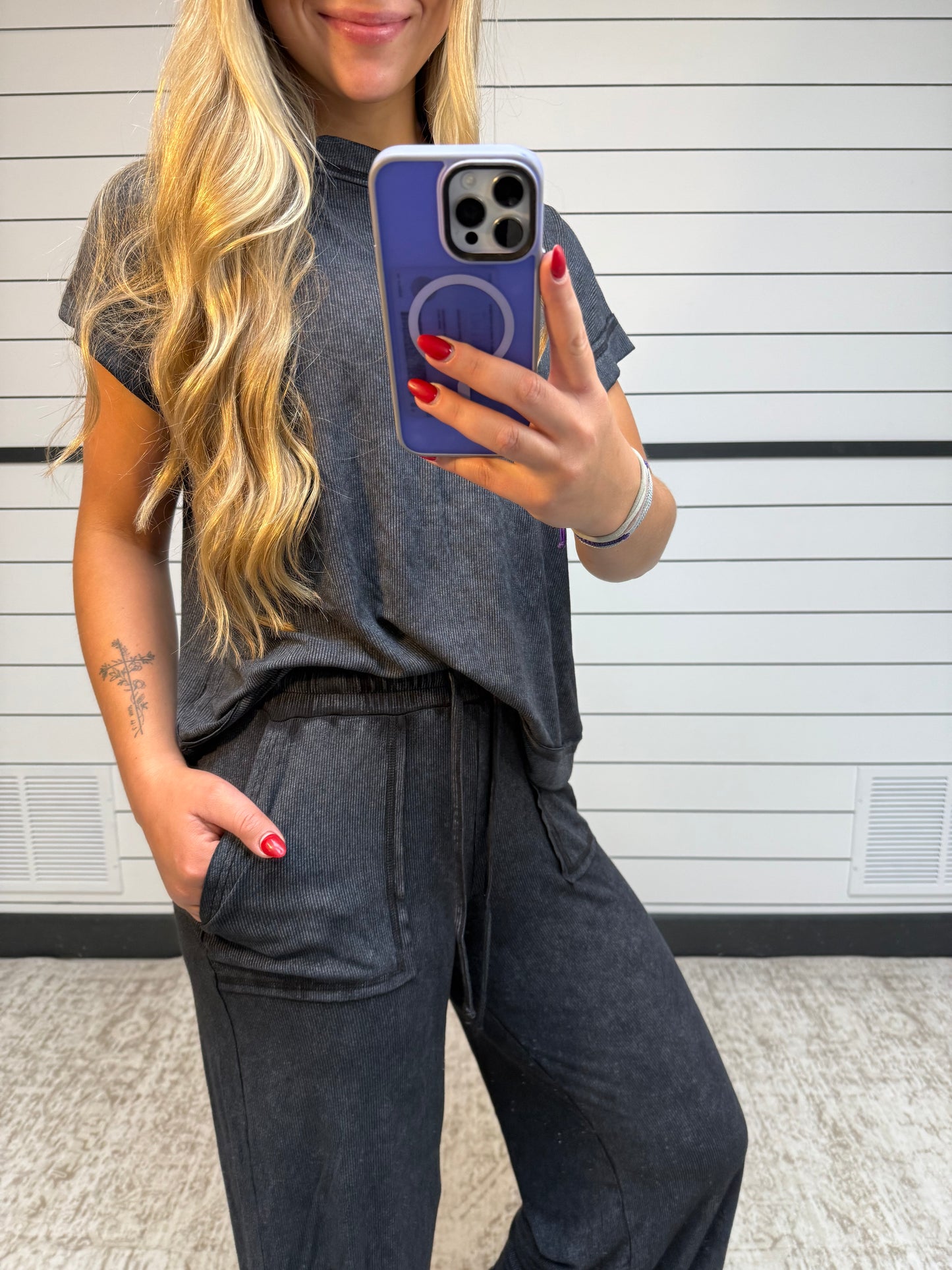 Ash black ribbed lounge set, women’s ribbed long sleeve and matching pants set