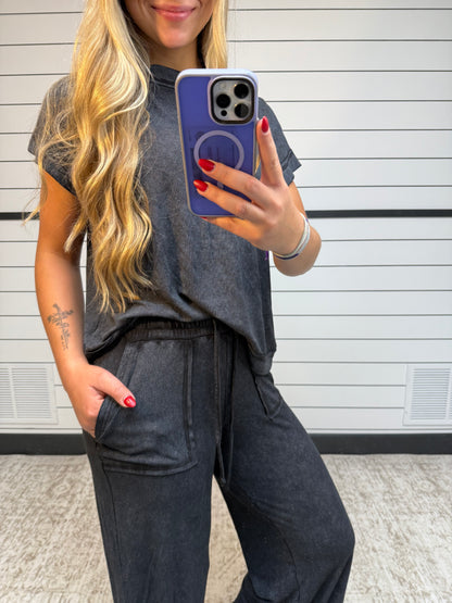 Ash black ribbed lounge set, women’s ribbed long sleeve and matching pants set