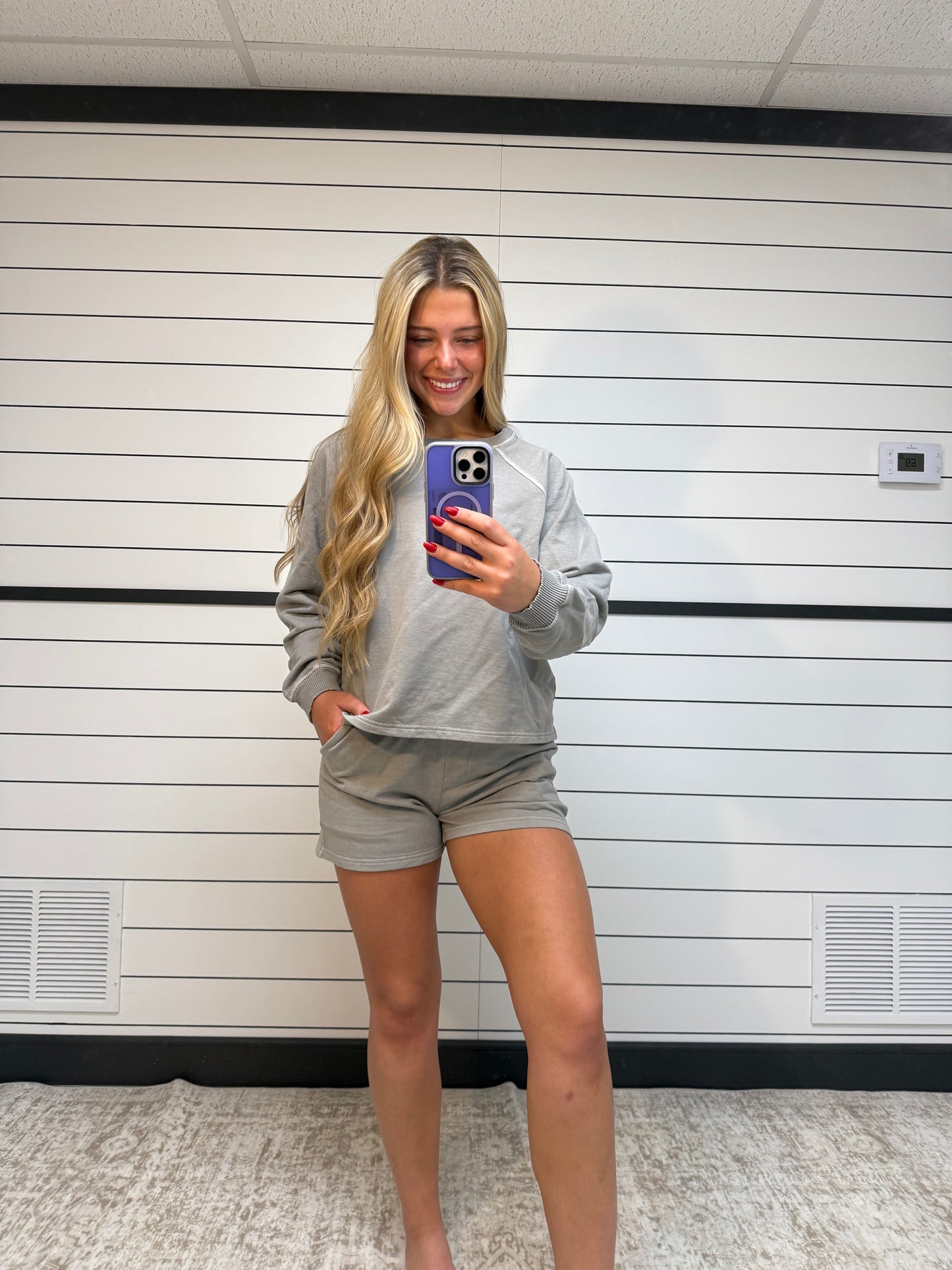 Stone grey lounge set, women’s matching top and pants loungewear set