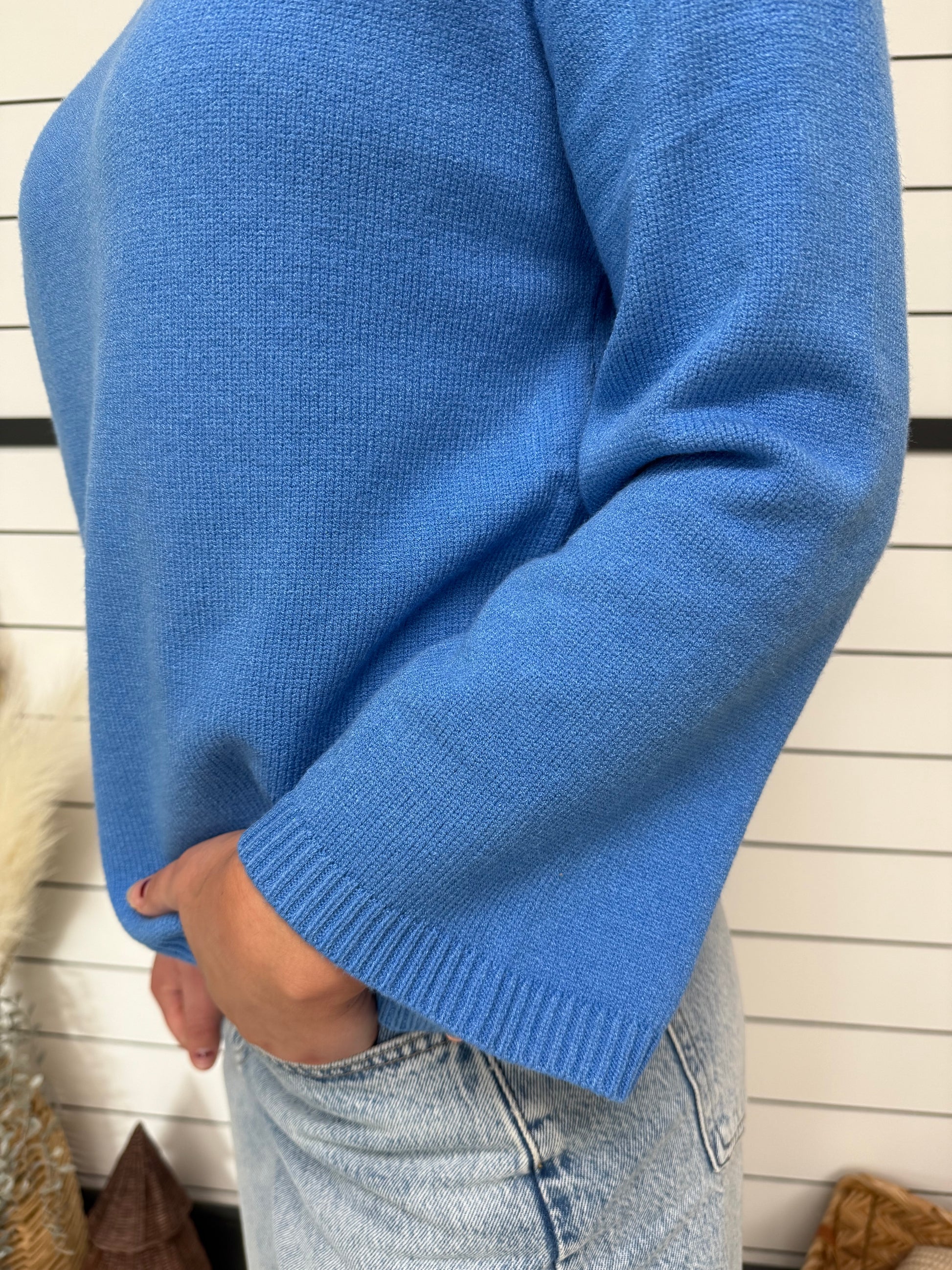 lightweight blue knit sweater for women, casual everyday top for office or date night