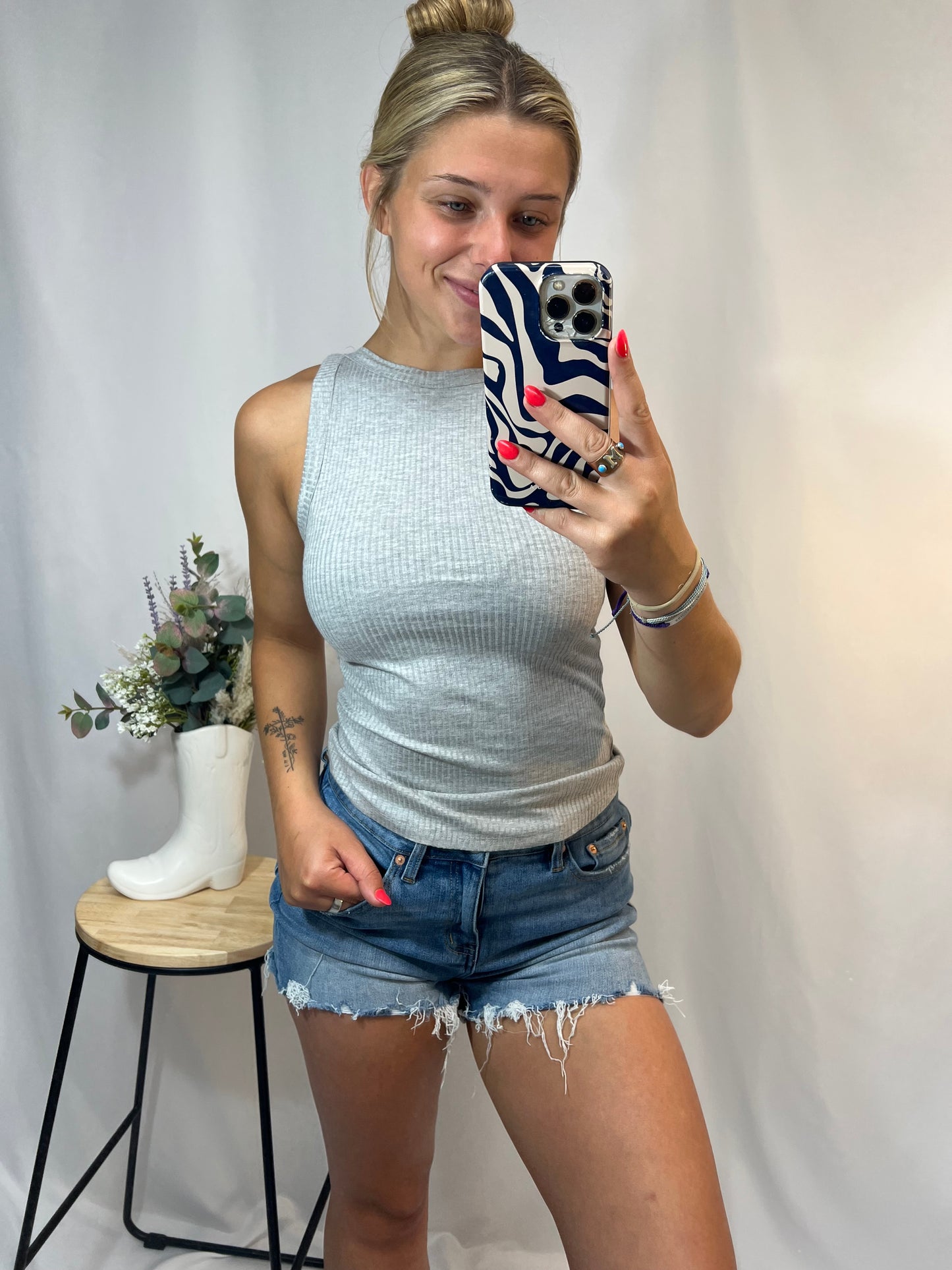 Heather grey soft ribbed high neck tank, women’s ribbed knit sleeveless high neckline top