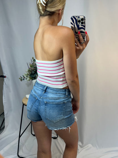 Back view of pink and white striped knit bandeau top, women’s strapless coastal bandeau crop top
