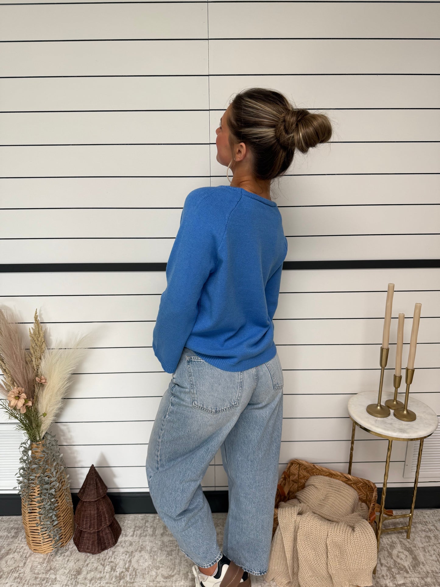 women’s blue sweater, lightweight knit top with boat neckline for everyday wear