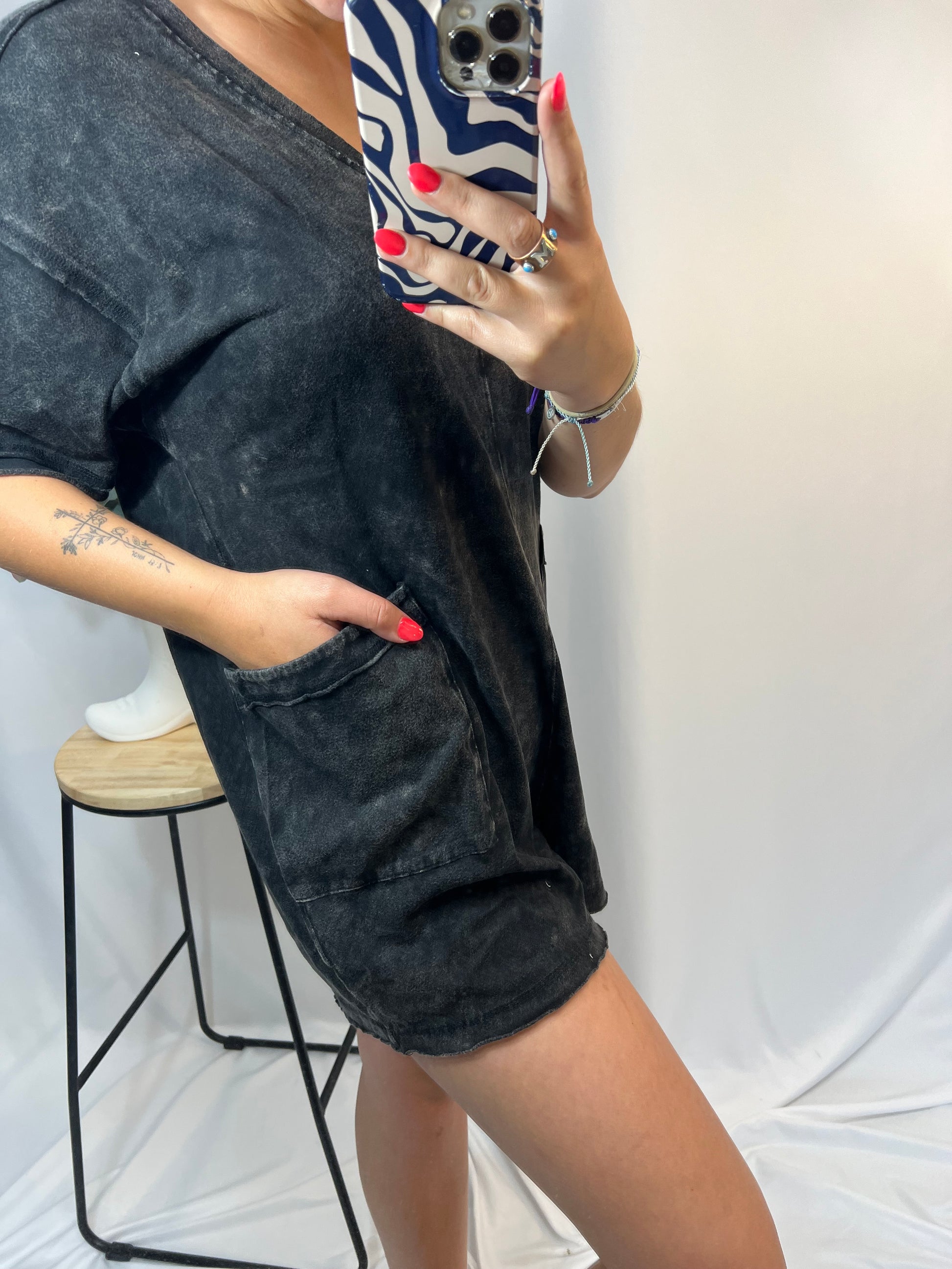 Close-up of mineral washed oversized romper, women’s casual one-piece lounge romper in soft washed fabric
