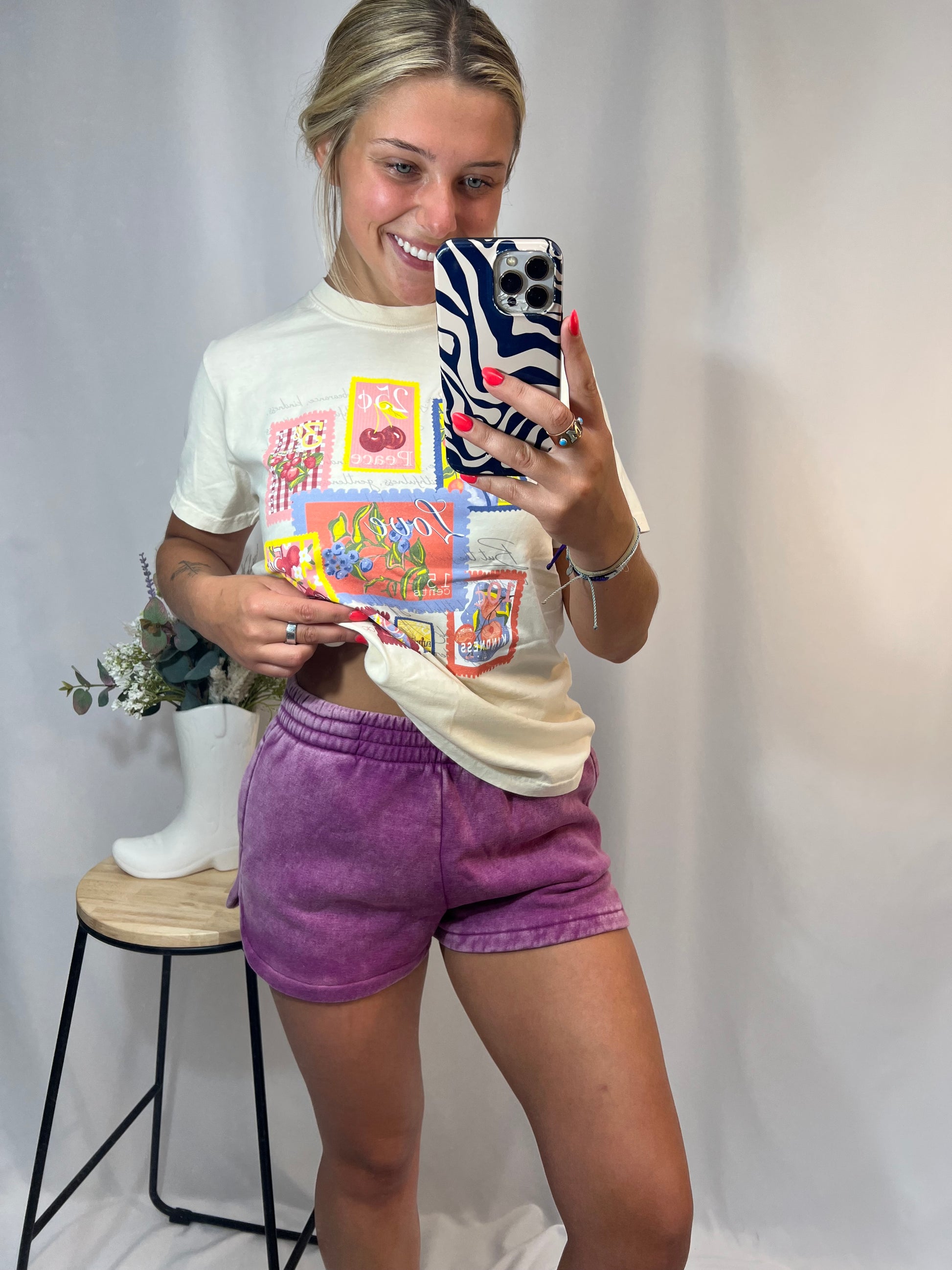 acid washed dolphin shorts, women’s vintage-style lounge shorts with curved hem