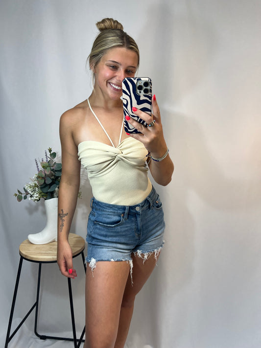 crossed knit top, women’s soft breathable sweater with criss‑cross front detail