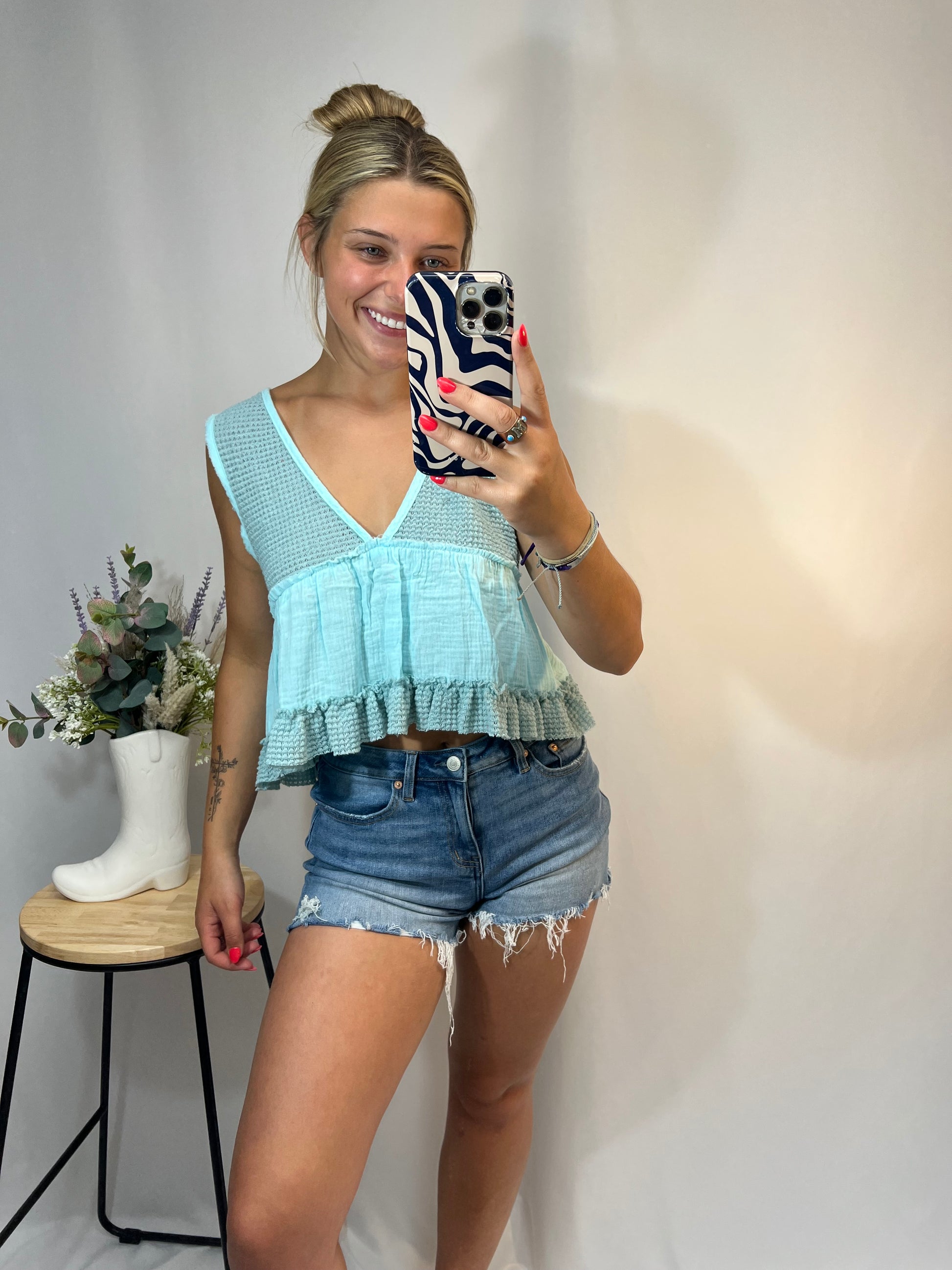 baby blue sleeveless thermal babydoll tank, women’s cropped waffle knit top with flowy fit