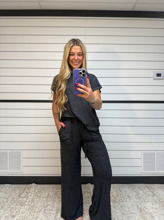 Ash black ribbed lounge set, women’s ribbed long sleeve and matching pants set