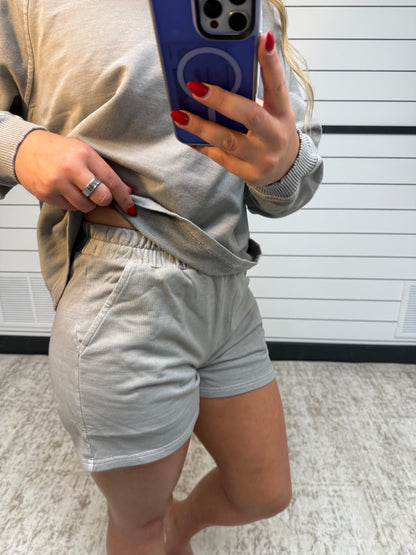Close up of stone grey lounge set, women’s shorts