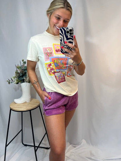 acid washed dolphin shorts, women’s vintage-style lounge shorts with curved hem