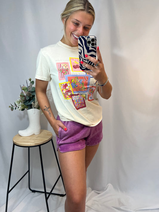 acid washed dolphin shorts, women’s vintage-style lounge shorts with curved hem