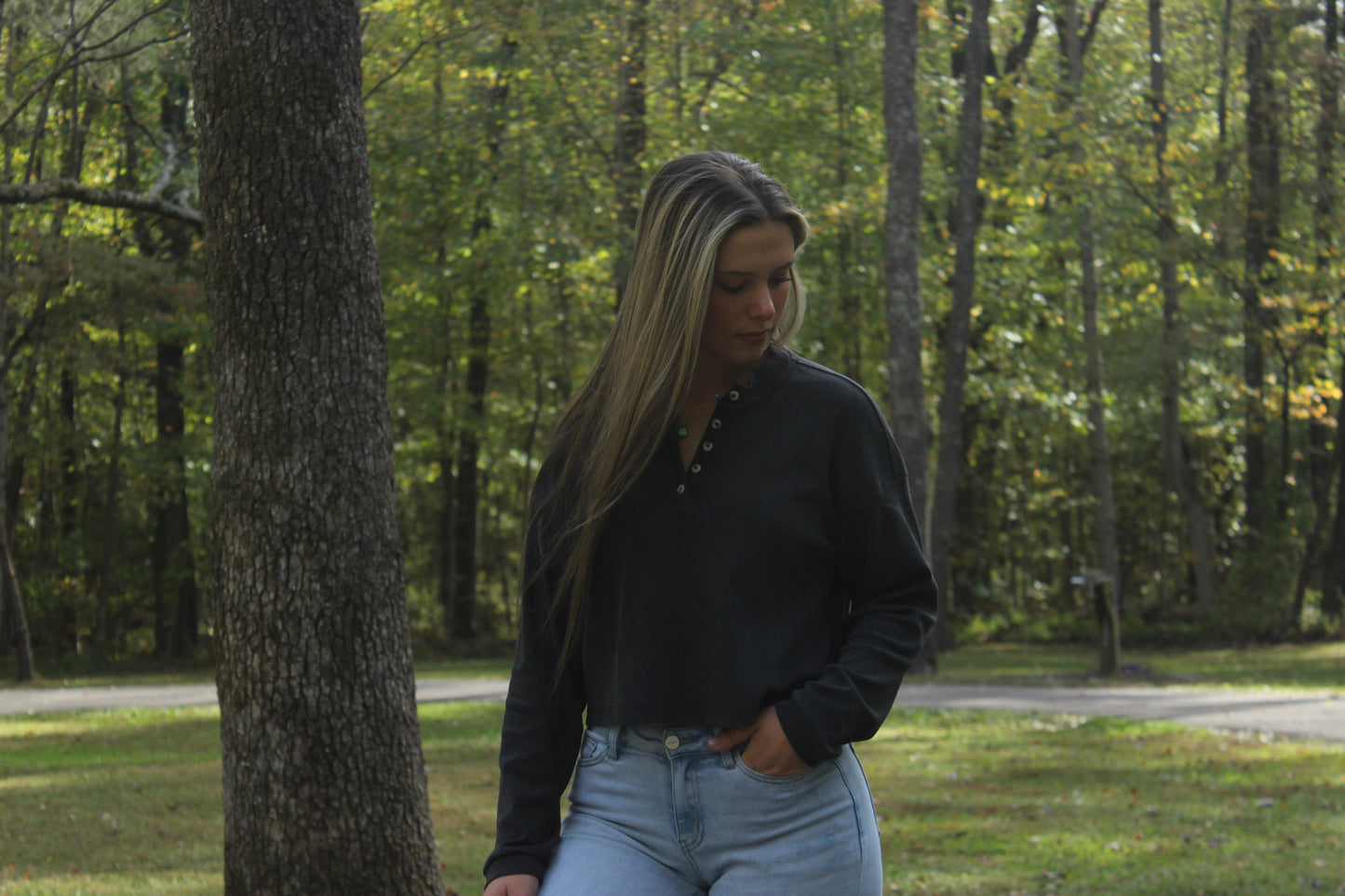 Black Drew Henley shirt, collarless pullover with button placket