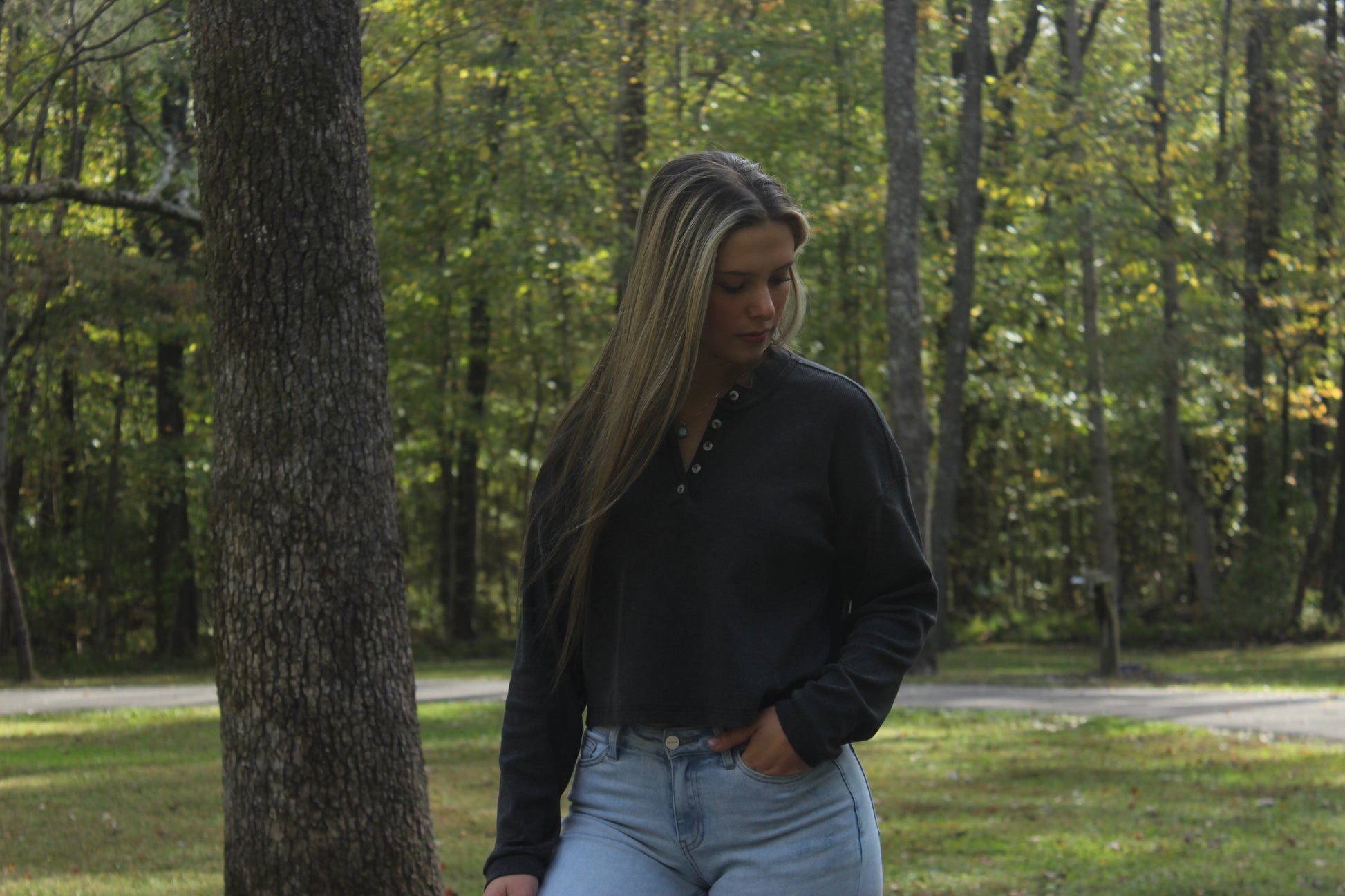 Black Drew Henley shirt, collarless pullover with button placket