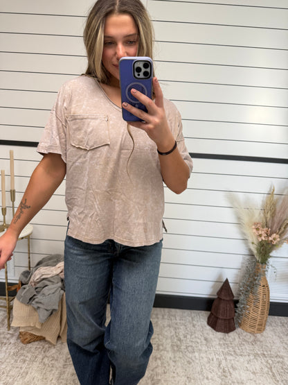 women’s taupe casual top, oversized v neck shirt with exposed seams and relaxed fit