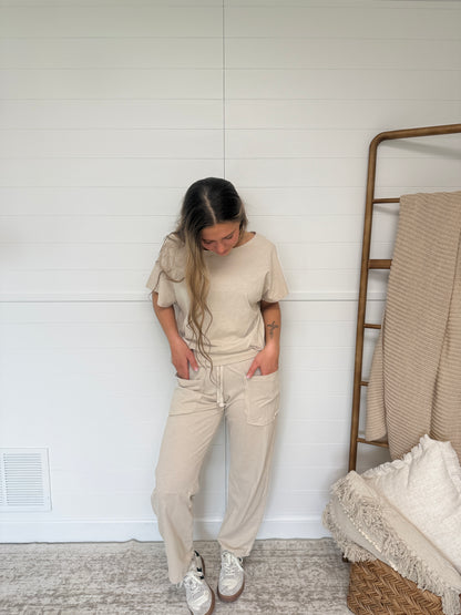 women’s barrel leg pants, casual elevated lounge pants with stretchy waistband and drawstring