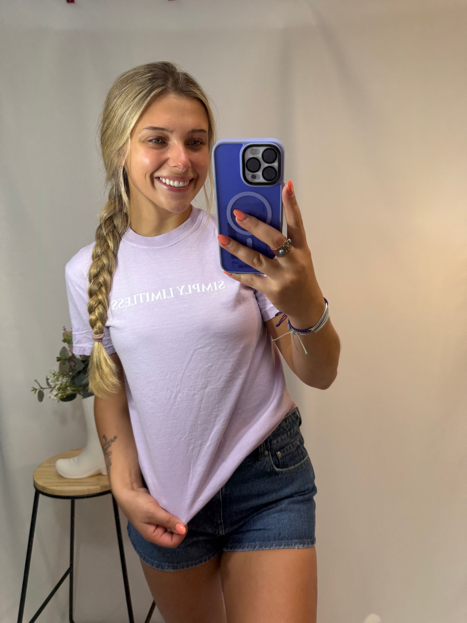 orchid-colored Simply Limitless tee, soft vintage-style women’s graphic t-shirt