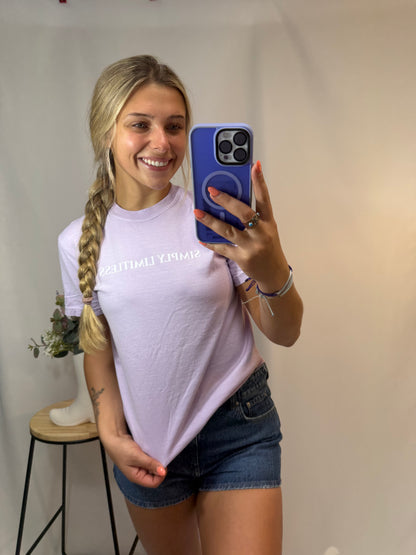 orchid-colored Simply Limitless tee, soft vintage-style women’s graphic t-shirt