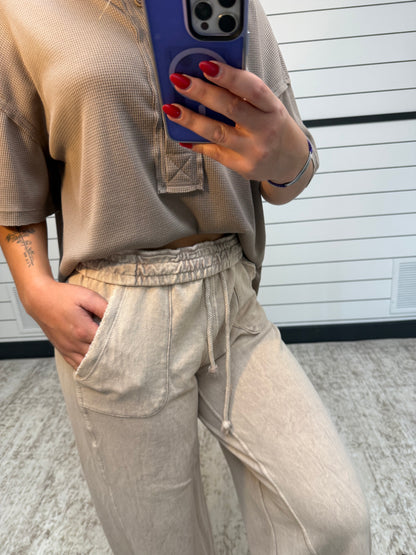 Close up of relaxing robin wide-leg pant, women’s relaxed flowy lounge trousers in soft knit