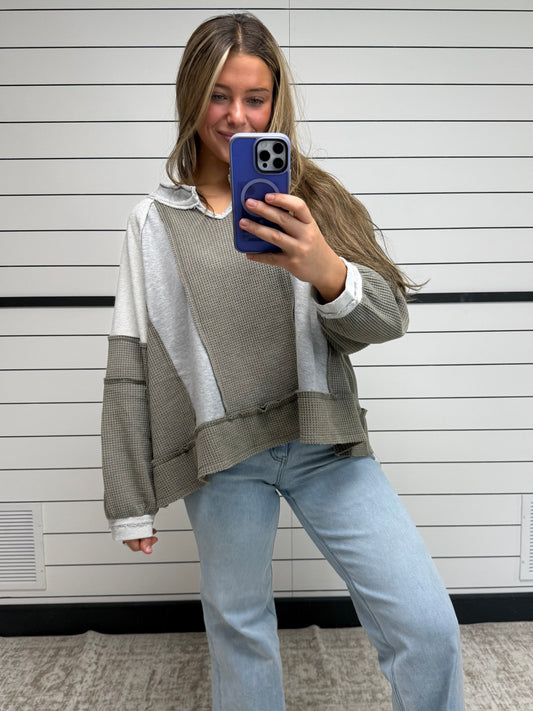 Grey oversized contrast top, relaxed women’s long sleeve with color contrast details