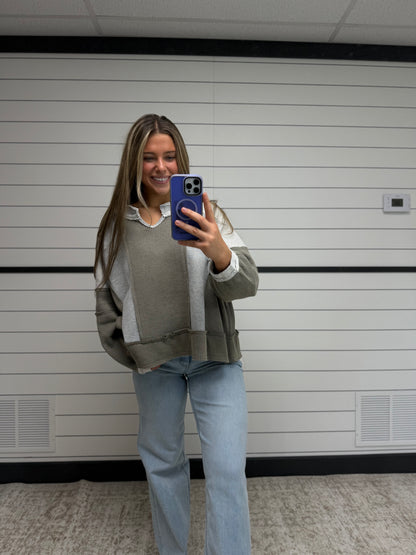 Grey oversized contrast top, relaxed women’s long sleeve with color contrast details