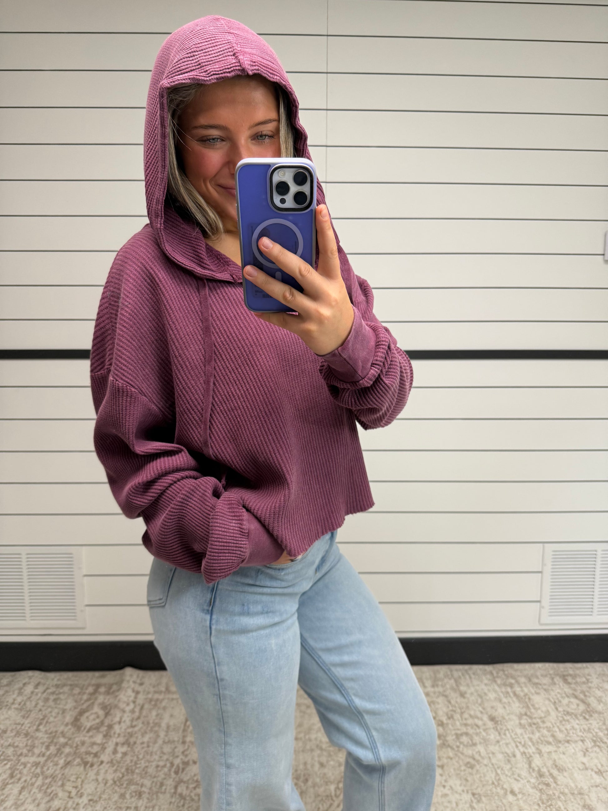 oversized cropped hoodie for women, casual plum hoodie styled with jeans for fall or summer layering