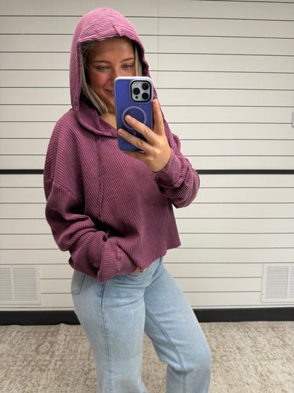 oversized cropped hoodie for women, casual plum hoodie styled with jeans for fall or summer layering