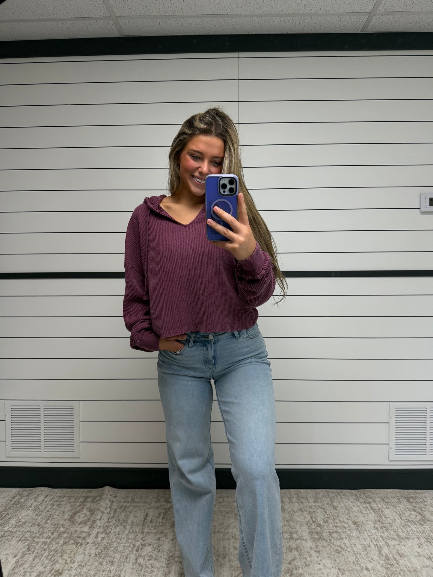 plum cropped oversized hoodie for women, waffle knit lightweight hoodie styled with denim jeans