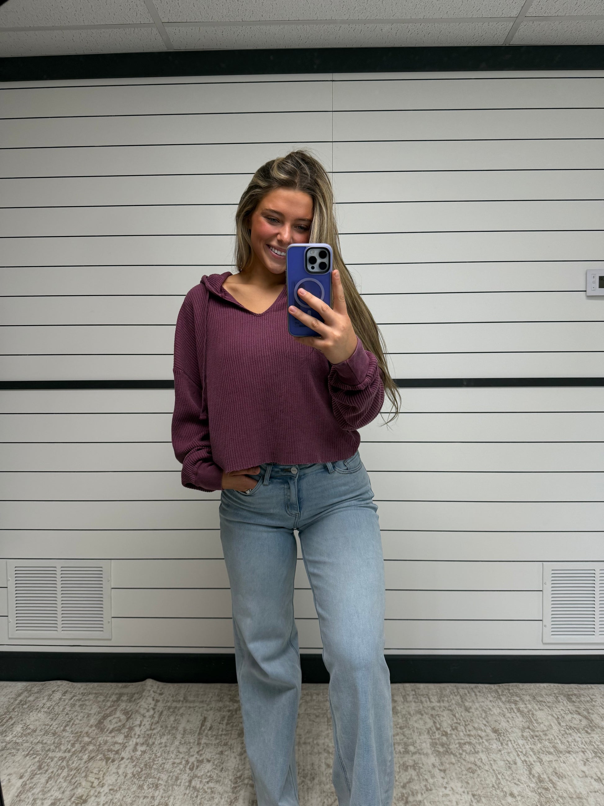plum cropped oversized hoodie for women, waffle knit lightweight hoodie styled with denim jeans