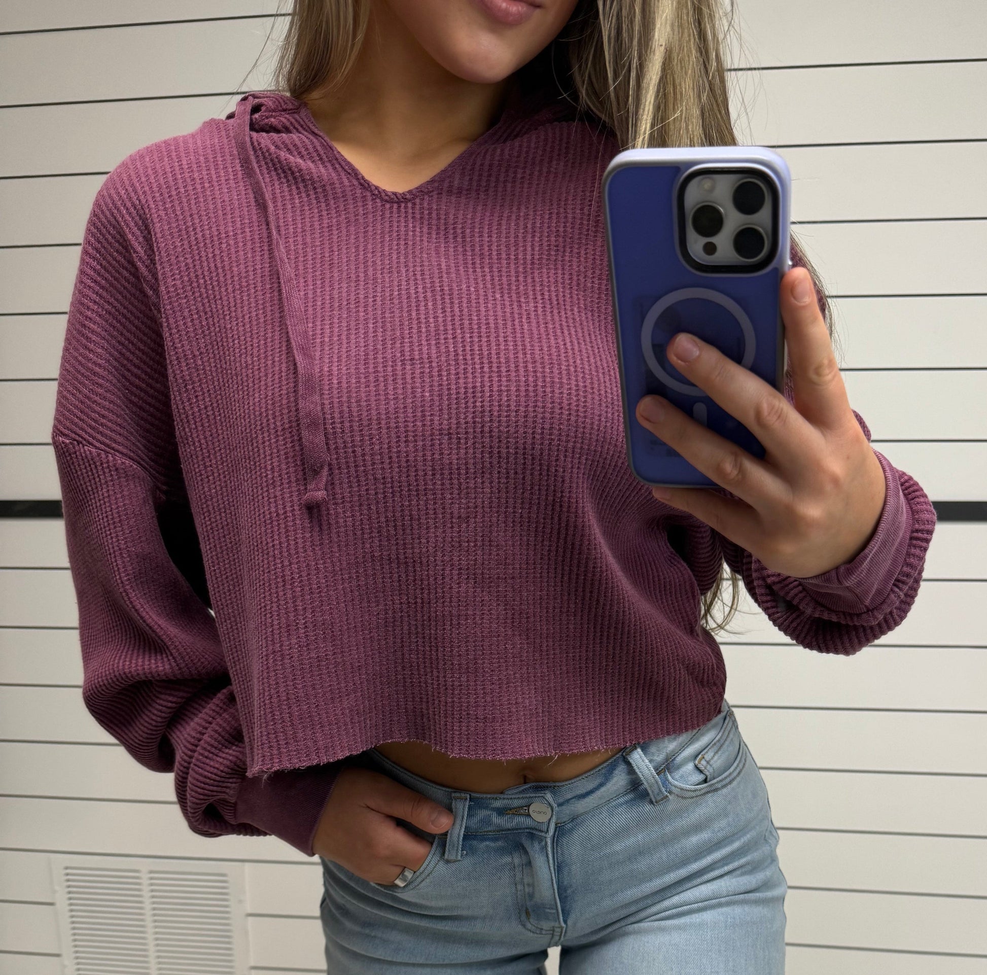 plum waffle knit hoodie outfit, lightweight cropped sweatshirt for casual everyday wear