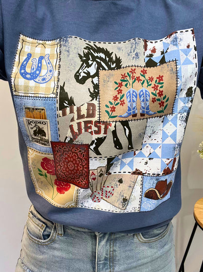 Close-up of rodeo patch tee, women’s western-style t-shirt with embroidered rodeo patch on chest