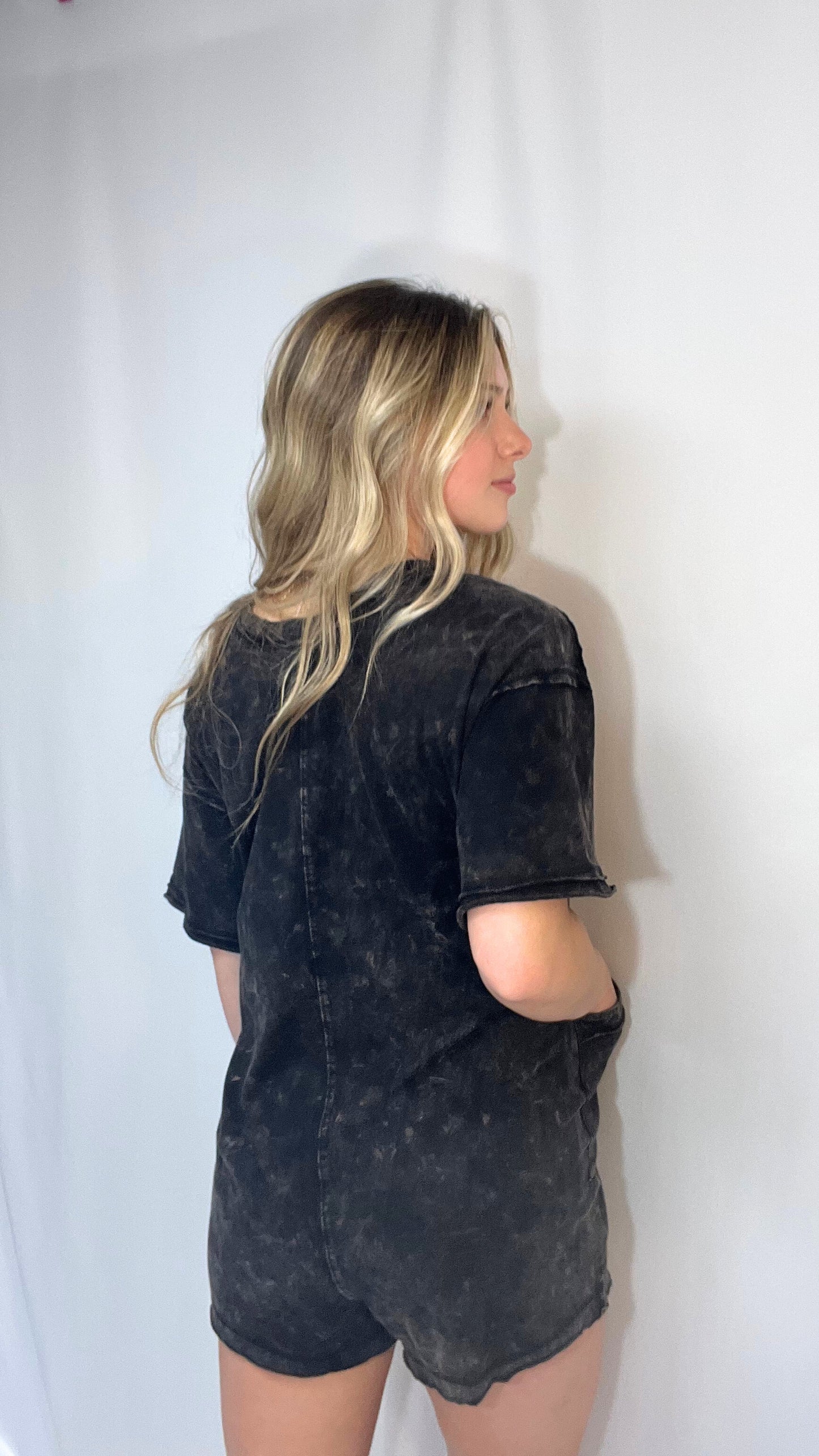 Back view of mineral washed oversized romper, women’s casual one-piece lounge romper in soft washed fabric