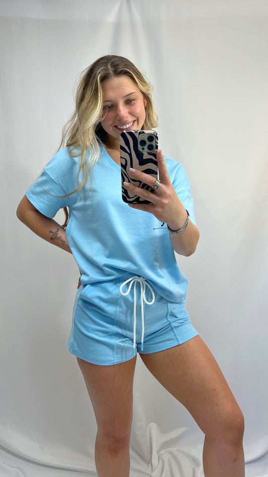 women’s v-neck tee and matching shorts set, soft jersey loungewear outfit