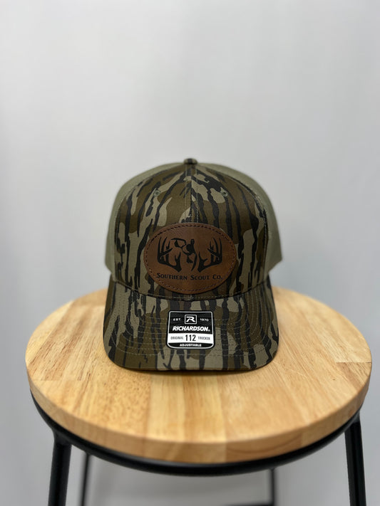 Richardson 112 Bottomland twill cap, structured olive-green trucker style hat and mesh back