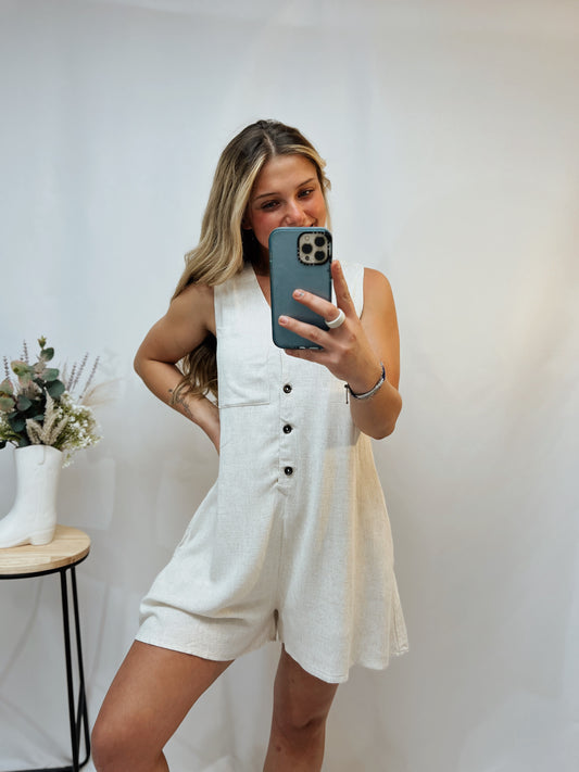 button front romper, women’s relaxed linen-viscose one-piece with classic buttons