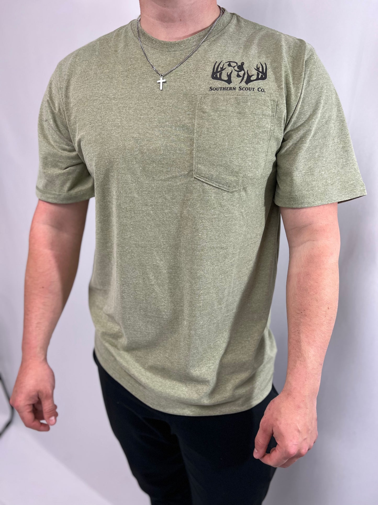 Green S.S.C. short sleeve pocket tee, men's relaxed cotton-poly t-shirt with chest pocket
