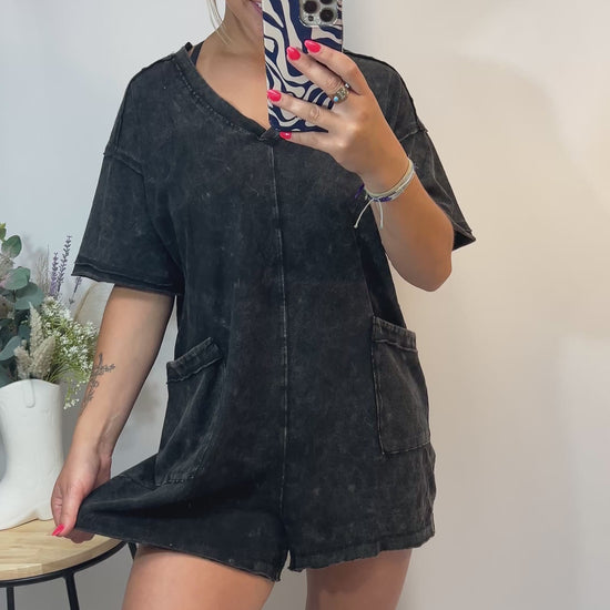 Mineral washed oversized romper, women’s casual one-piece lounge romper in soft washed fabric