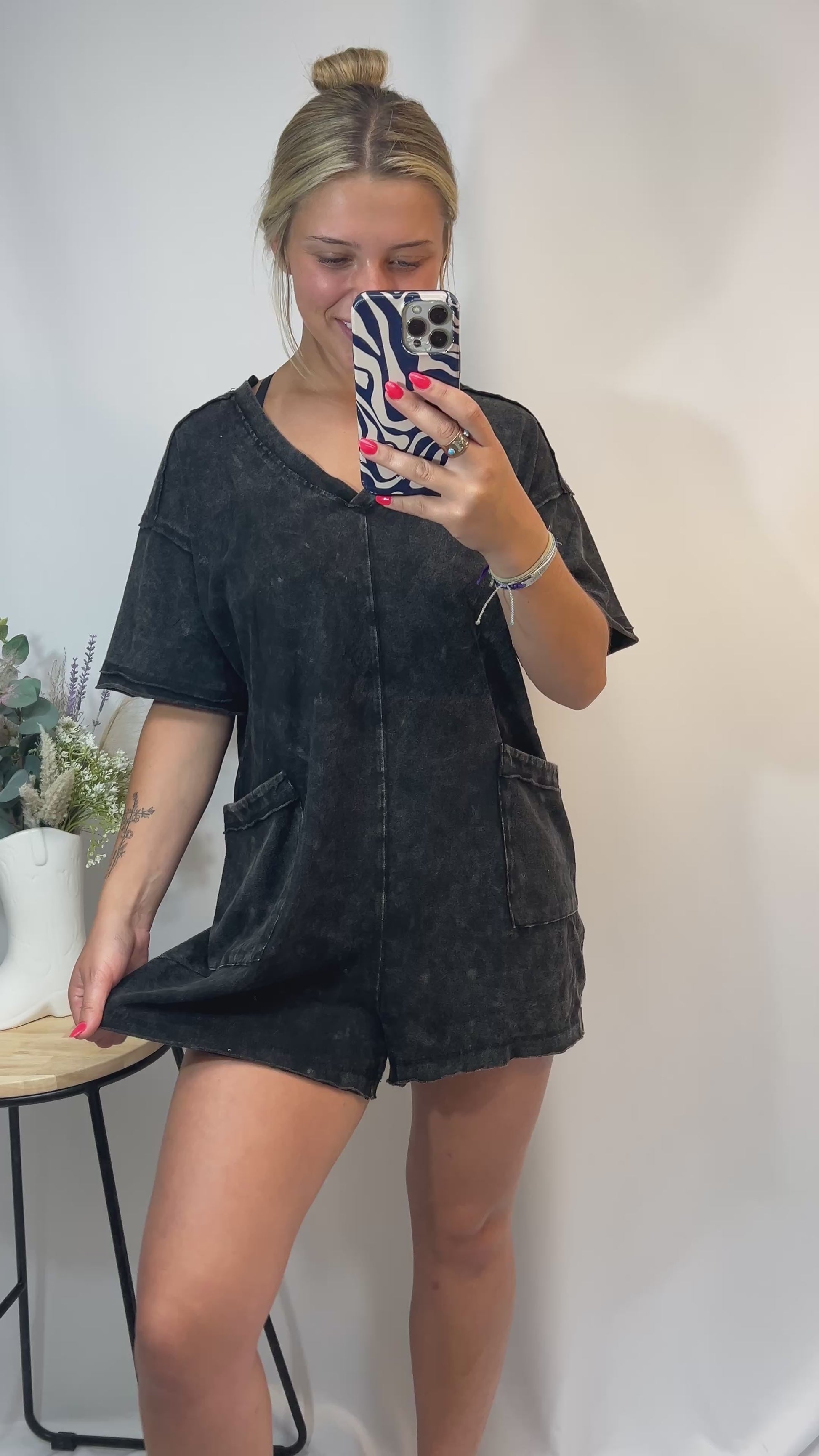 Mineral washed oversized romper, women’s casual one-piece lounge romper in soft washed fabric