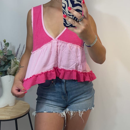 Pink sleeveless thermal babydoll tank, women’s cropped waffle knit top with flowy fit