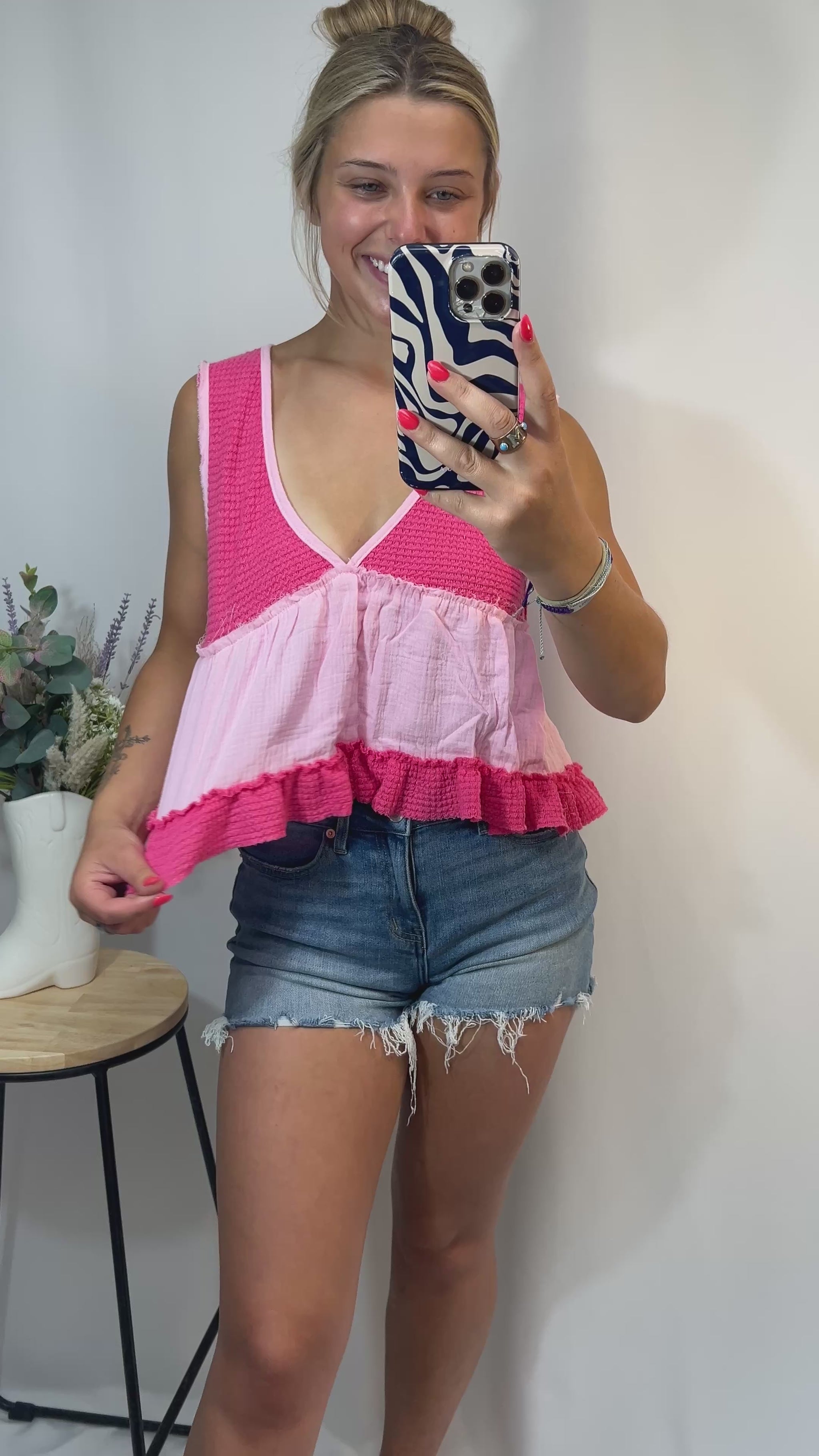 Pink sleeveless thermal babydoll tank, women’s cropped waffle knit top with flowy fit