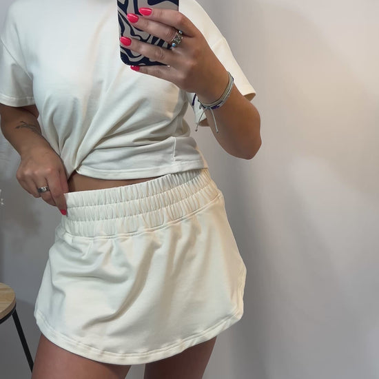 Ivory cropped tee and ruffle high-waist skort set, women’s matching top and skirt shorts outfit