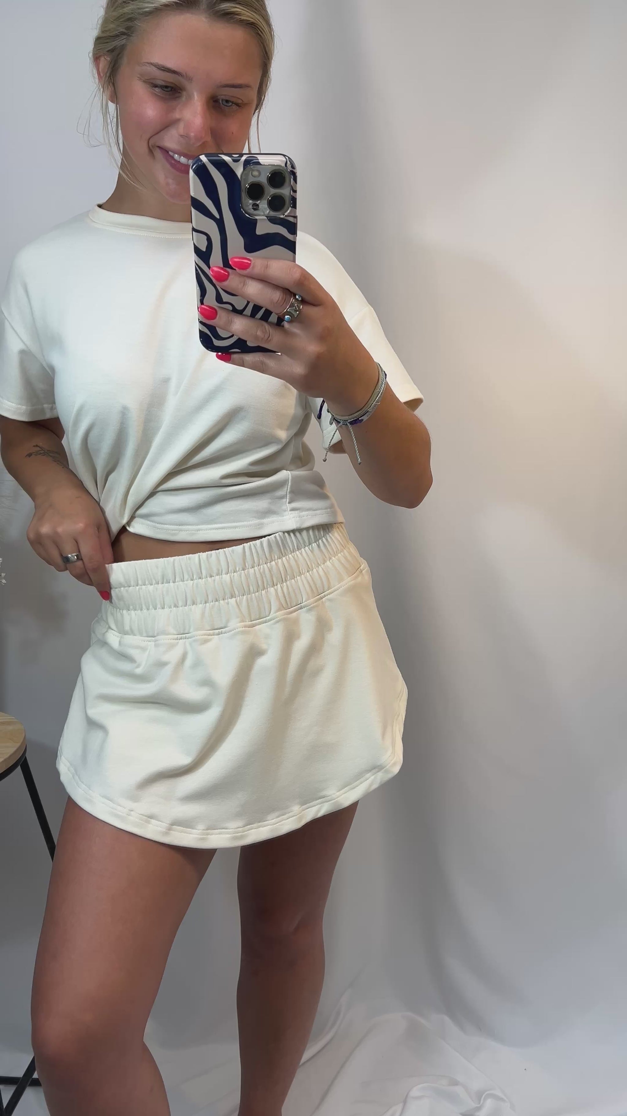 Ivory cropped tee and ruffle high-waist skort set, women’s matching top and skirt shorts outfit